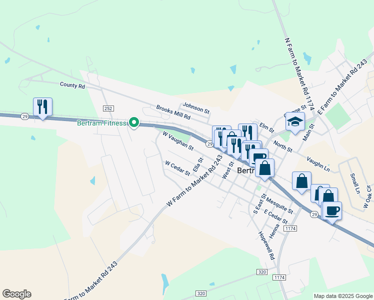 map of restaurants, bars, coffee shops, grocery stores, and more near 630 West Vaughan Street in Bertram
