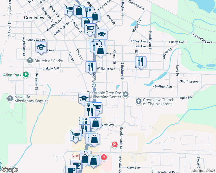 map of restaurants, bars, coffee shops, grocery stores, and more near 1507 Pearl Street South in Crestview