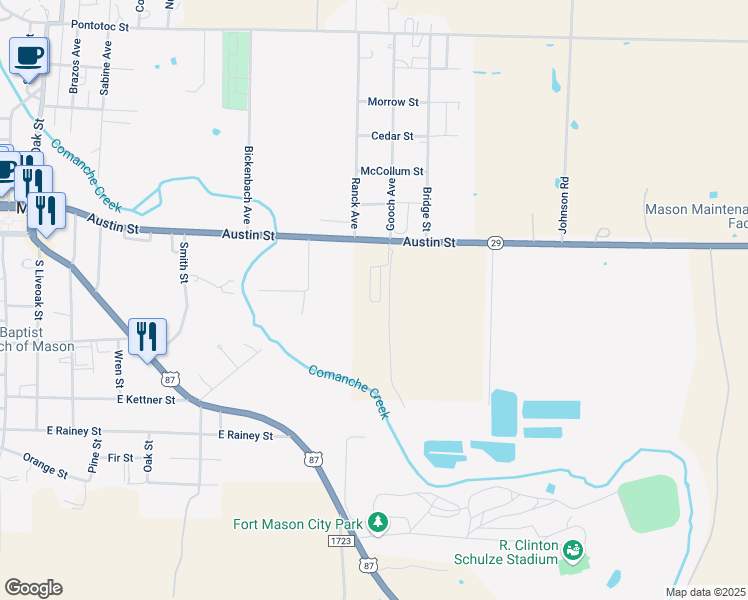 map of restaurants, bars, coffee shops, grocery stores, and more near 1101 Texas 29 in Mason