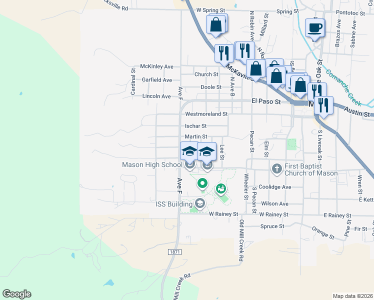 map of restaurants, bars, coffee shops, grocery stores, and more near 405 Regan Street in Mason