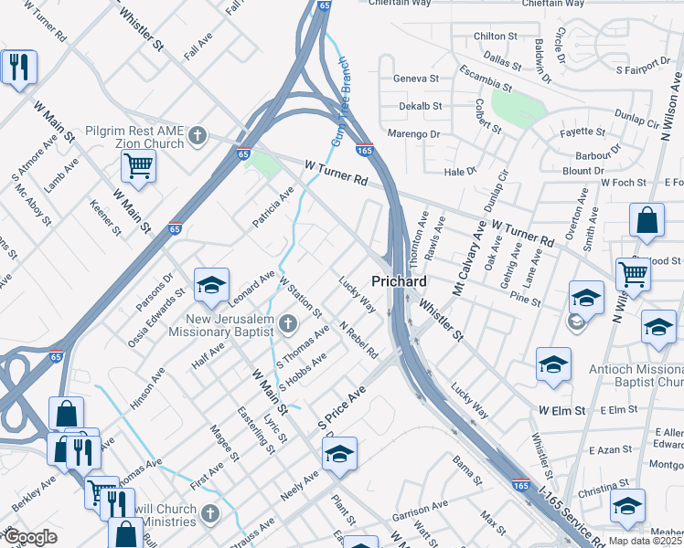 map of restaurants, bars, coffee shops, grocery stores, and more near 209 North Joseph Avenue in Mobile