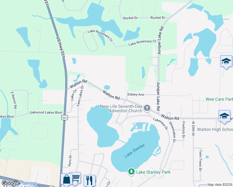 map of restaurants, bars, coffee shops, grocery stores, and more near 1542 Walton Road in DeFuniak Springs