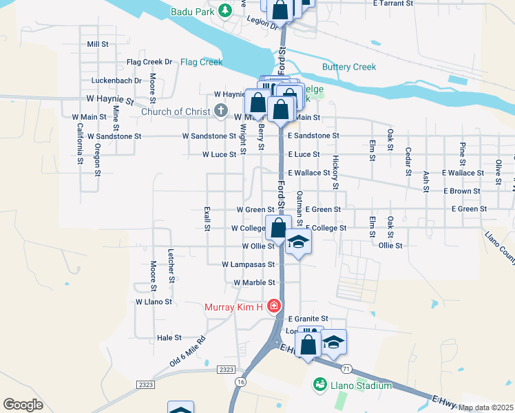 map of restaurants, bars, coffee shops, grocery stores, and more near 205 West Green Street in Llano