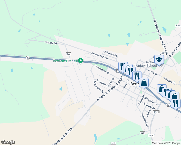 map of restaurants, bars, coffee shops, grocery stores, and more near 720 Fallen Oak Drive in Bertram