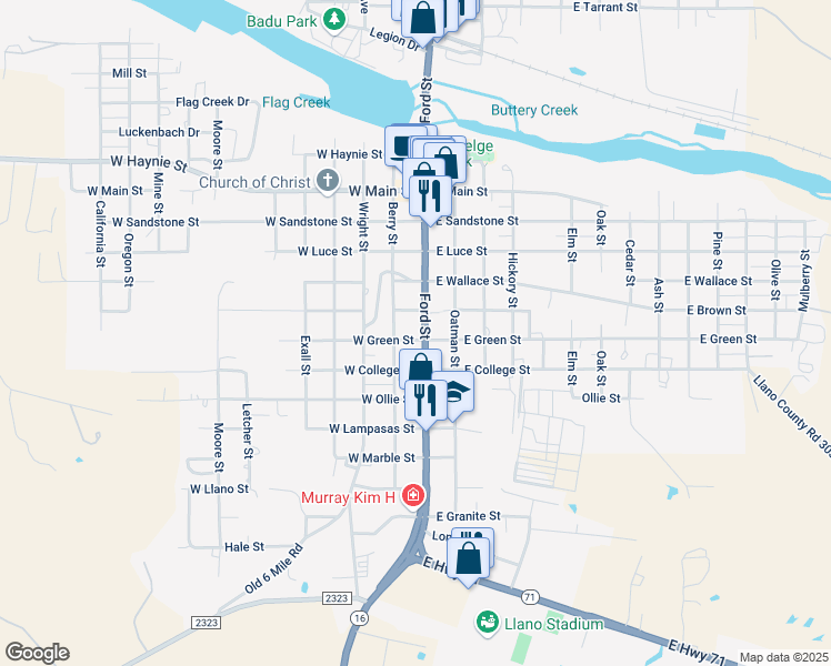 map of restaurants, bars, coffee shops, grocery stores, and more near 1207 Ford Street in Llano
