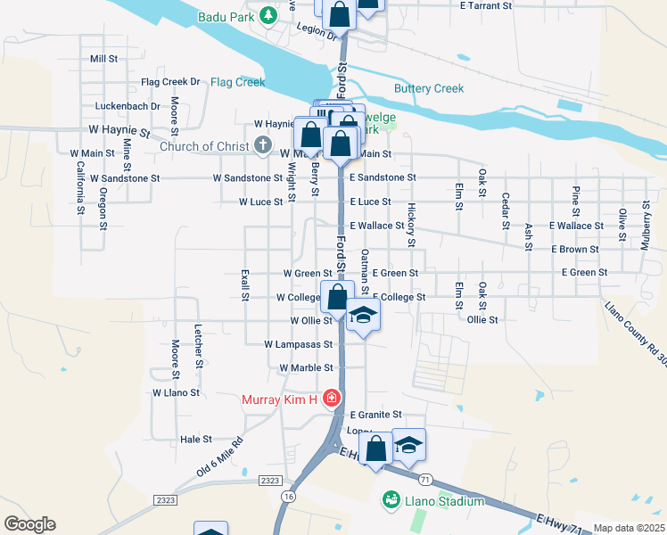 map of restaurants, bars, coffee shops, grocery stores, and more near 1207 Ford St in Llano