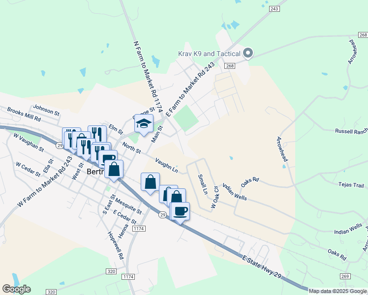 map of restaurants, bars, coffee shops, grocery stores, and more near 260 Grande Street in Bertram