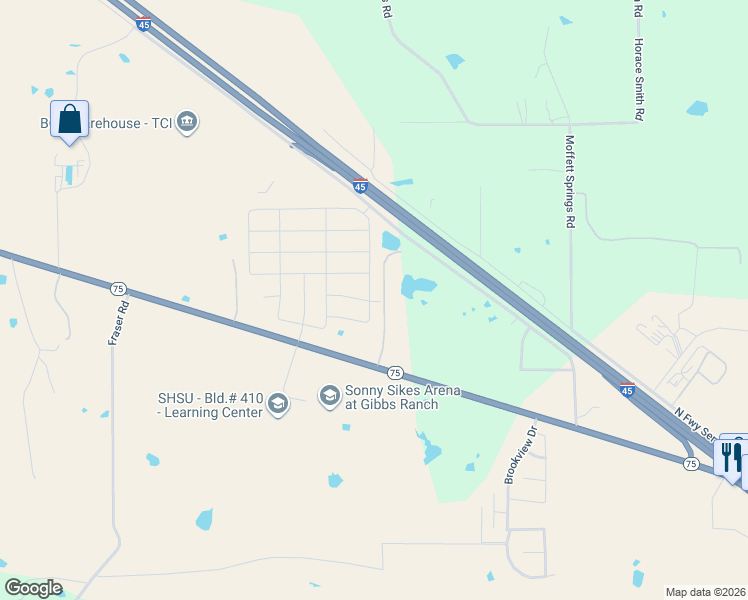 map of restaurants, bars, coffee shops, grocery stores, and more near 1112 Texas 75 in Huntsville