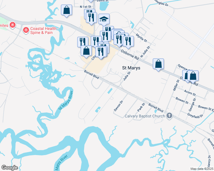 map of restaurants, bars, coffee shops, grocery stores, and more near 800 East Riverview Drive in St. Marys