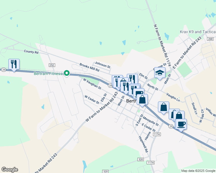 map of restaurants, bars, coffee shops, grocery stores, and more near 460 Texas 29 in Bertram