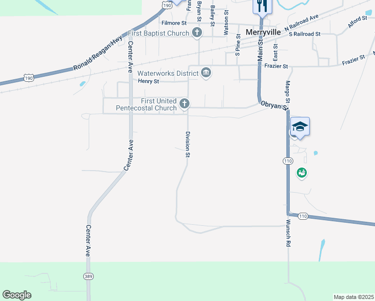 map of restaurants, bars, coffee shops, grocery stores, and more near Division Street in Merryville