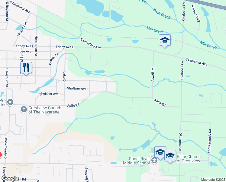 map of restaurants, bars, coffee shops, grocery stores, and more near 2985 Aplin Road in Crestview