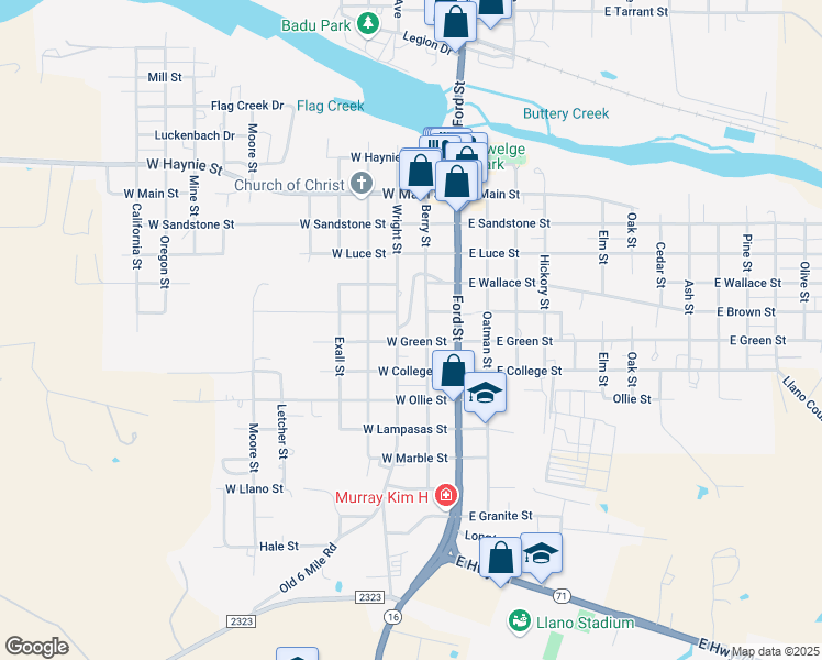 map of restaurants, bars, coffee shops, grocery stores, and more near 205 West Green Street in Llano