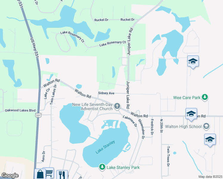 map of restaurants, bars, coffee shops, grocery stores, and more near 115 Sidney Avenue in DeFuniak Springs