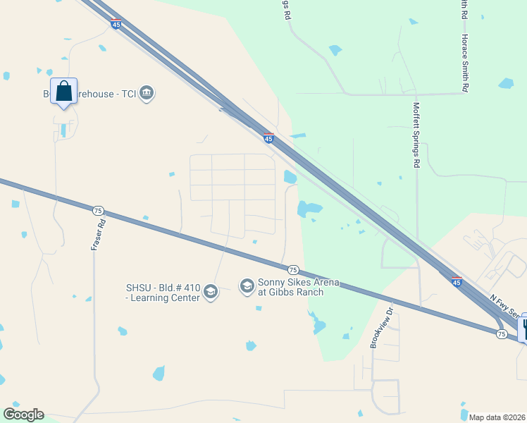 map of restaurants, bars, coffee shops, grocery stores, and more near 1112 Texas 75 in Huntsville