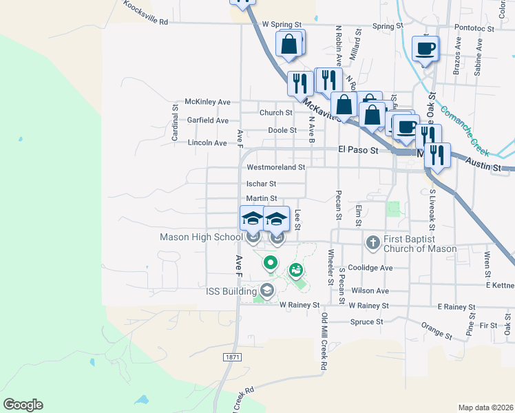 map of restaurants, bars, coffee shops, grocery stores, and more near 405 Regan Street in Mason