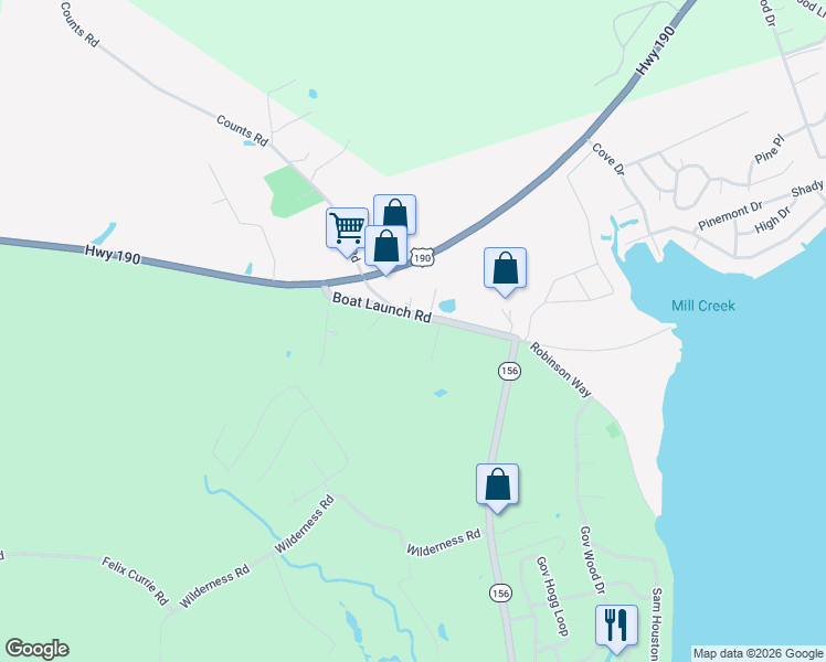 map of restaurants, bars, coffee shops, grocery stores, and more near 240 Boat Launch Road in Point Blank