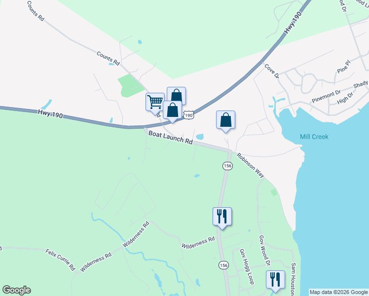 map of restaurants, bars, coffee shops, grocery stores, and more near 240 Boat Launch Road in Point Blank