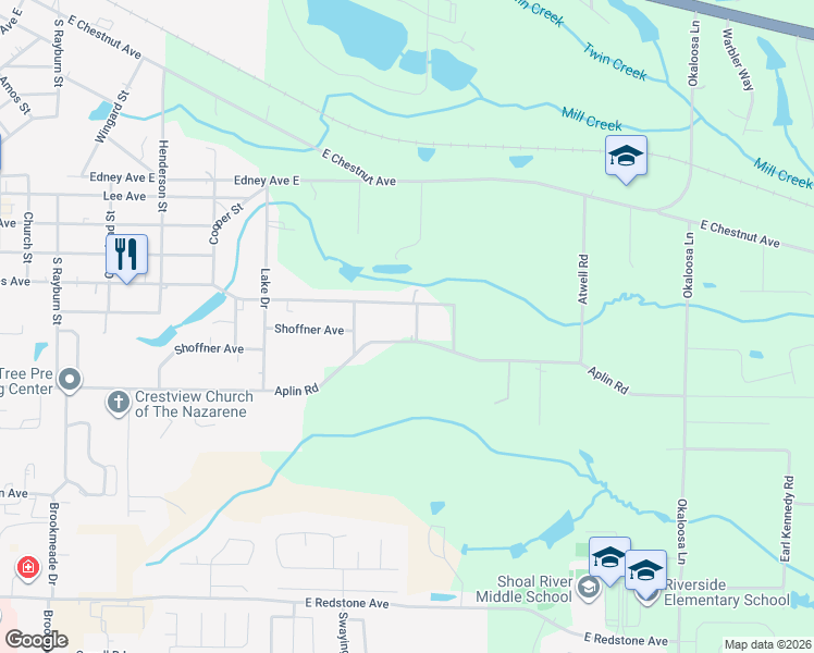 map of restaurants, bars, coffee shops, grocery stores, and more near 5130 Muldoon Street in Crestview
