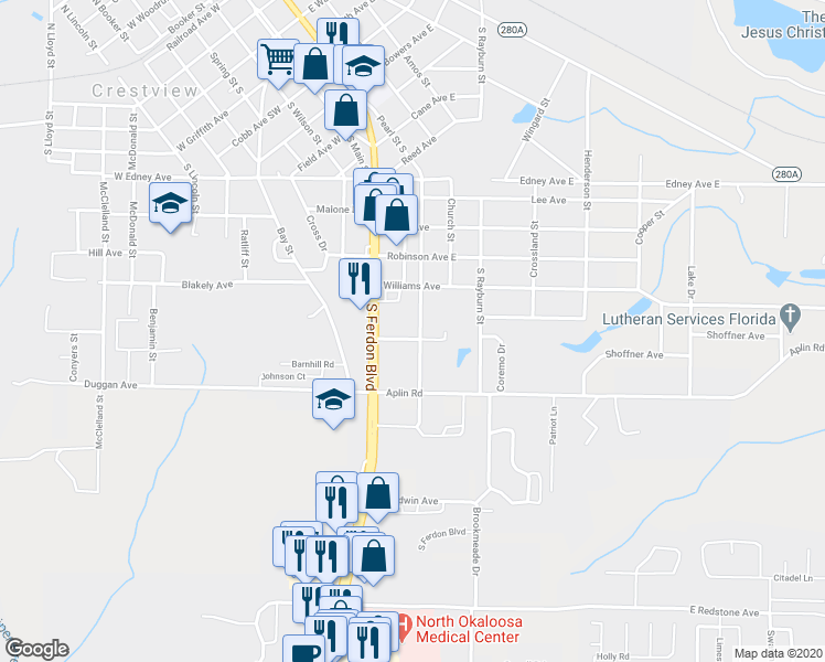 map of restaurants, bars, coffee shops, grocery stores, and more near 188 Averitt Place in Crestview
