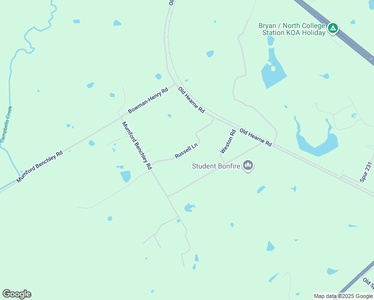 map of restaurants, bars, coffee shops, grocery stores, and more near Russell Lane in Bryan