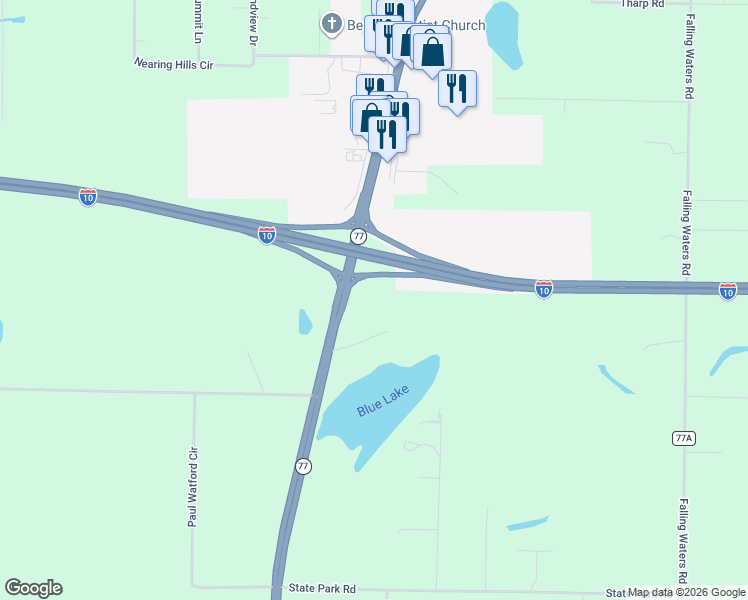 map of restaurants, bars, coffee shops, grocery stores, and more near 1406 Blue Lake Road in Chipley