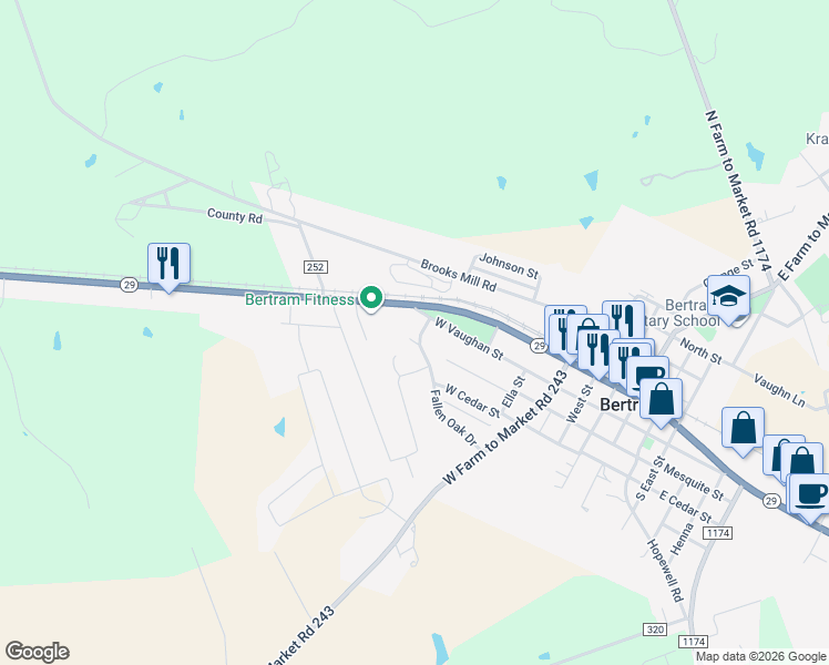 map of restaurants, bars, coffee shops, grocery stores, and more near 720 Fallen Oak Drive in Bertram
