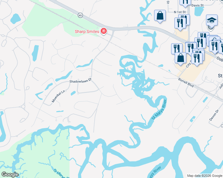 map of restaurants, bars, coffee shops, grocery stores, and more near 105 Salt Grass Trace in Saint Marys