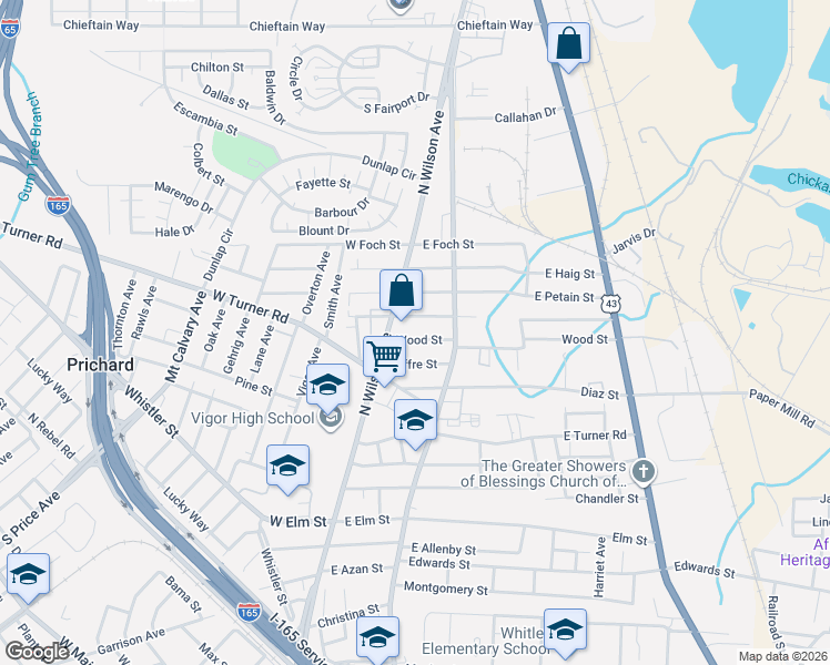 map of restaurants, bars, coffee shops, grocery stores, and more near 145 Joffre Street in Prichard
