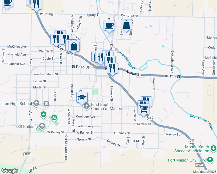 map of restaurants, bars, coffee shops, grocery stores, and more near 316 South Liveoak Street in Mason