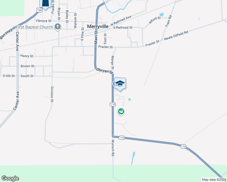 map of restaurants, bars, coffee shops, grocery stores, and more near 7061 Louisiana 110 in Merryville