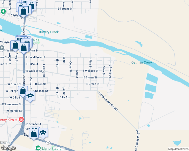 map of restaurants, bars, coffee shops, grocery stores, and more near 1104 East Wallace Street in Llano