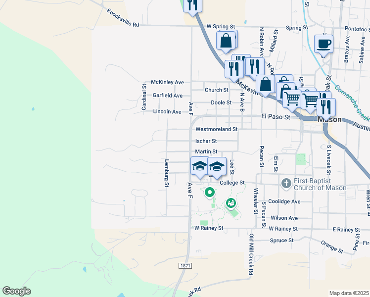 map of restaurants, bars, coffee shops, grocery stores, and more near 1095 Ischar Street in Mason