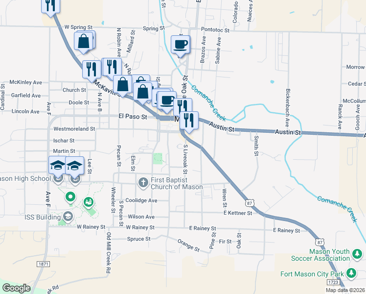 map of restaurants, bars, coffee shops, grocery stores, and more near 316 South Liveoak Street in Mason