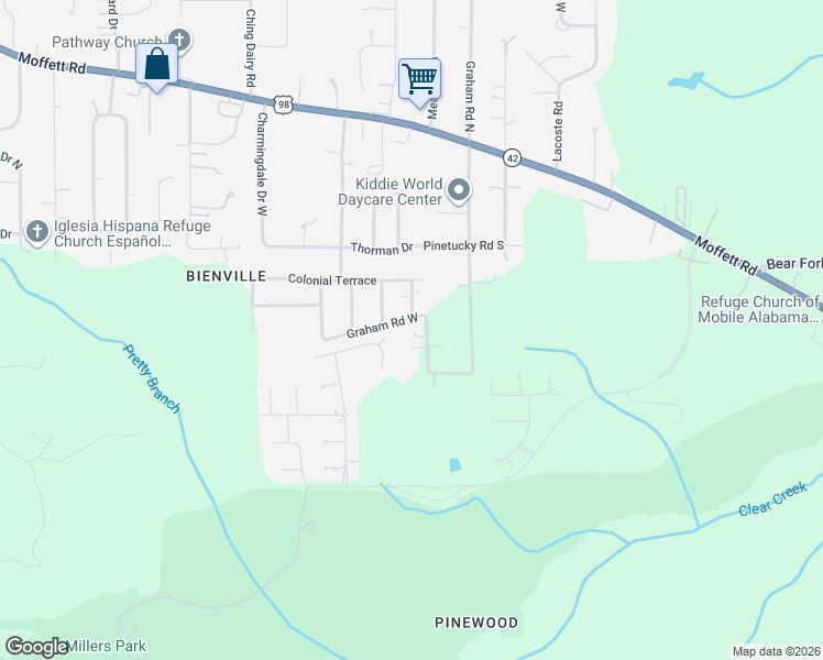 map of restaurants, bars, coffee shops, grocery stores, and more near 2729 Graham Rd W in Mobile
