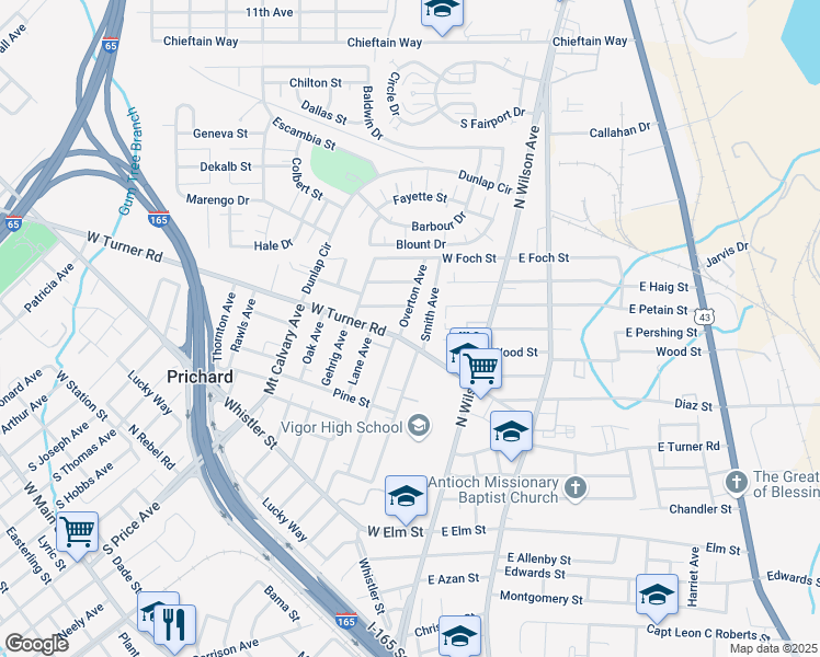 map of restaurants, bars, coffee shops, grocery stores, and more near 718 Overton Ave in Prichard