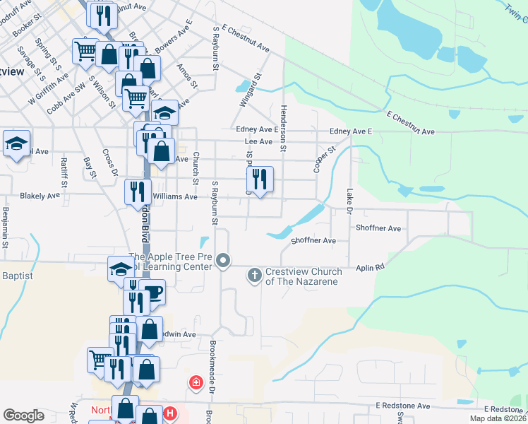 map of restaurants, bars, coffee shops, grocery stores, and more near 698 Shortwell Avenue in Crestview