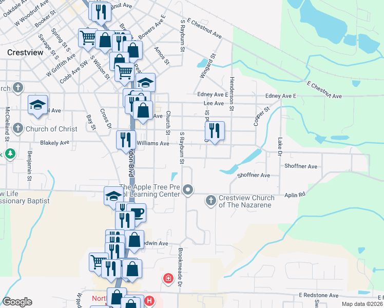map of restaurants, bars, coffee shops, grocery stores, and more near 524 Shortwell Avenue in Crestview