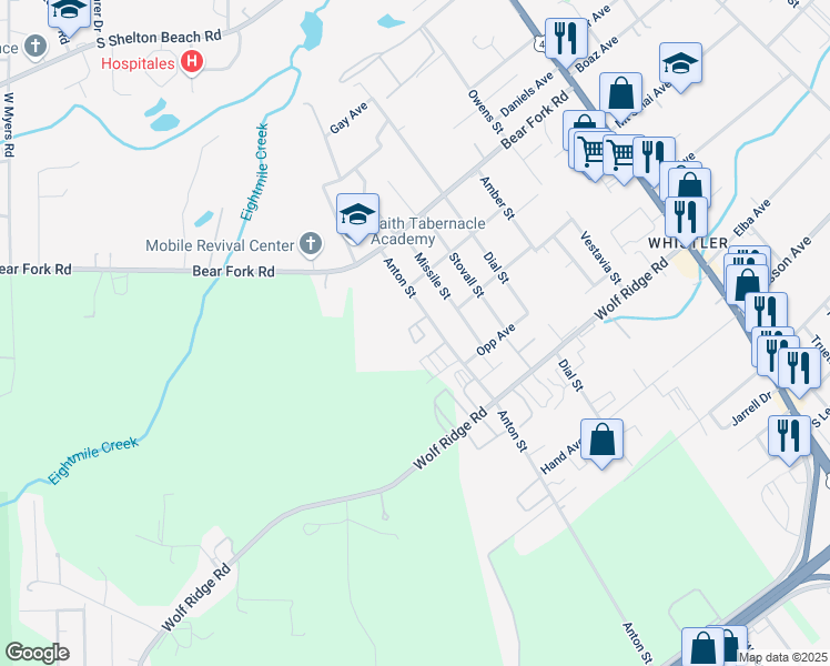 map of restaurants, bars, coffee shops, grocery stores, and more near 3507 Anton Street in Mobile