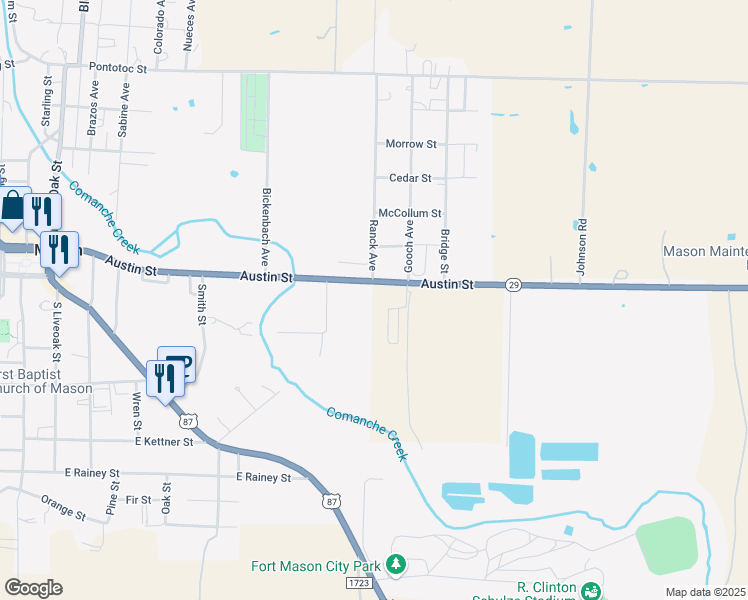 map of restaurants, bars, coffee shops, grocery stores, and more near 1101 Texas 29 in Mason
