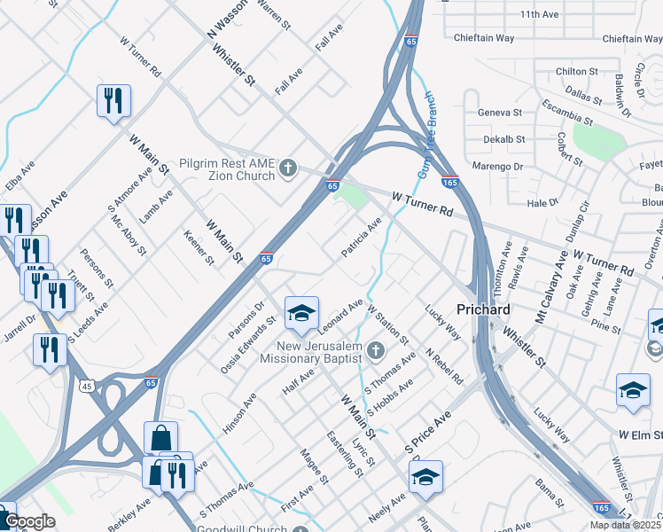 map of restaurants, bars, coffee shops, grocery stores, and more near 100 South Bessemer Avenue in Prichard