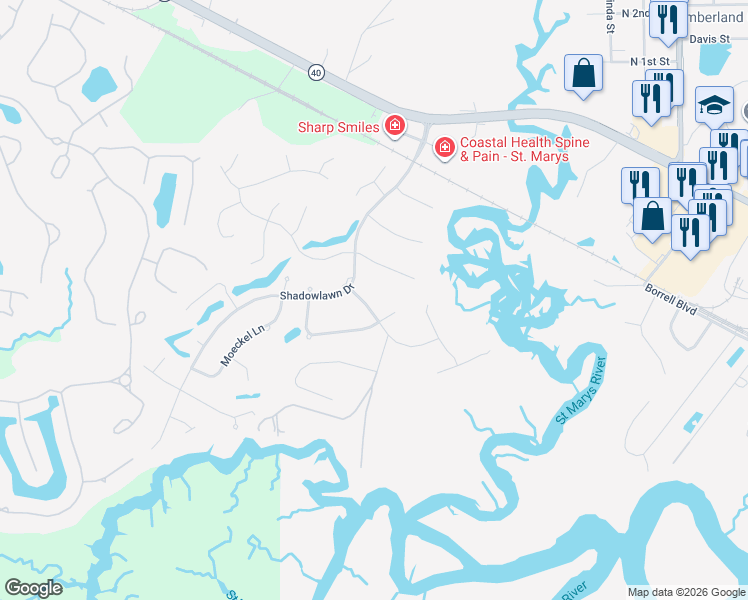 map of restaurants, bars, coffee shops, grocery stores, and more near 105 Longwood Road in St. Marys