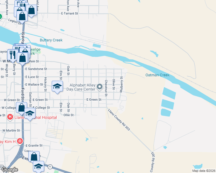 map of restaurants, bars, coffee shops, grocery stores, and more near 1206 East Wallace Street in Llano