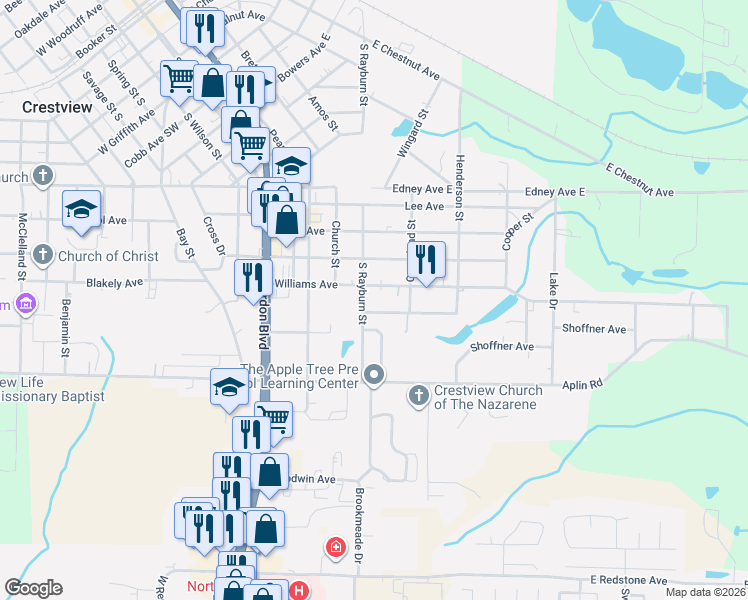 map of restaurants, bars, coffee shops, grocery stores, and more near 524 Shortwell Avenue in Crestview