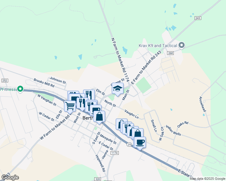 map of restaurants, bars, coffee shops, grocery stores, and more near 616 Farm to Market 243 in Bertram