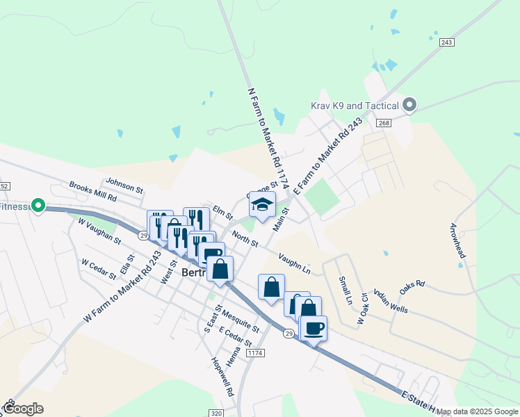 map of restaurants, bars, coffee shops, grocery stores, and more near 616 Farm to Market 243 in Bertram