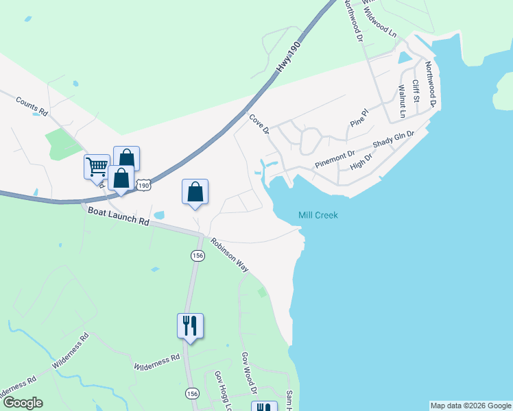 map of restaurants, bars, coffee shops, grocery stores, and more near 1 Mill Creek Road in Point Blank