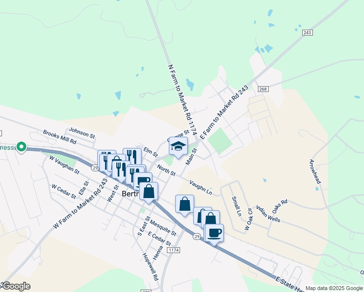 map of restaurants, bars, coffee shops, grocery stores, and more near 620 Farm to Market 243 in Bertram