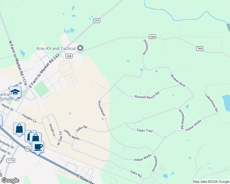 map of restaurants, bars, coffee shops, grocery stores, and more near 1401 County Road 269 in Bertram