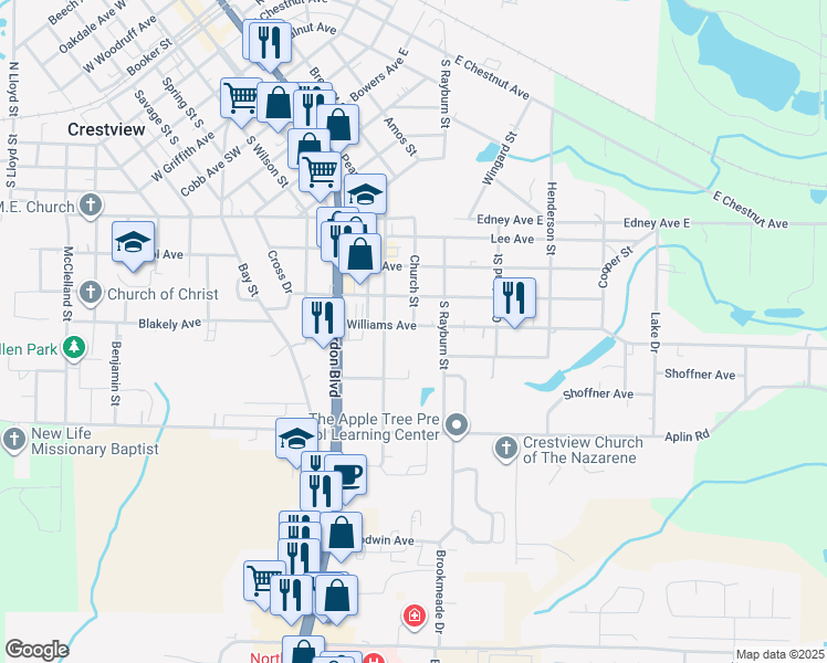 map of restaurants, bars, coffee shops, grocery stores, and more near 420 Williams Avenue in Crestview